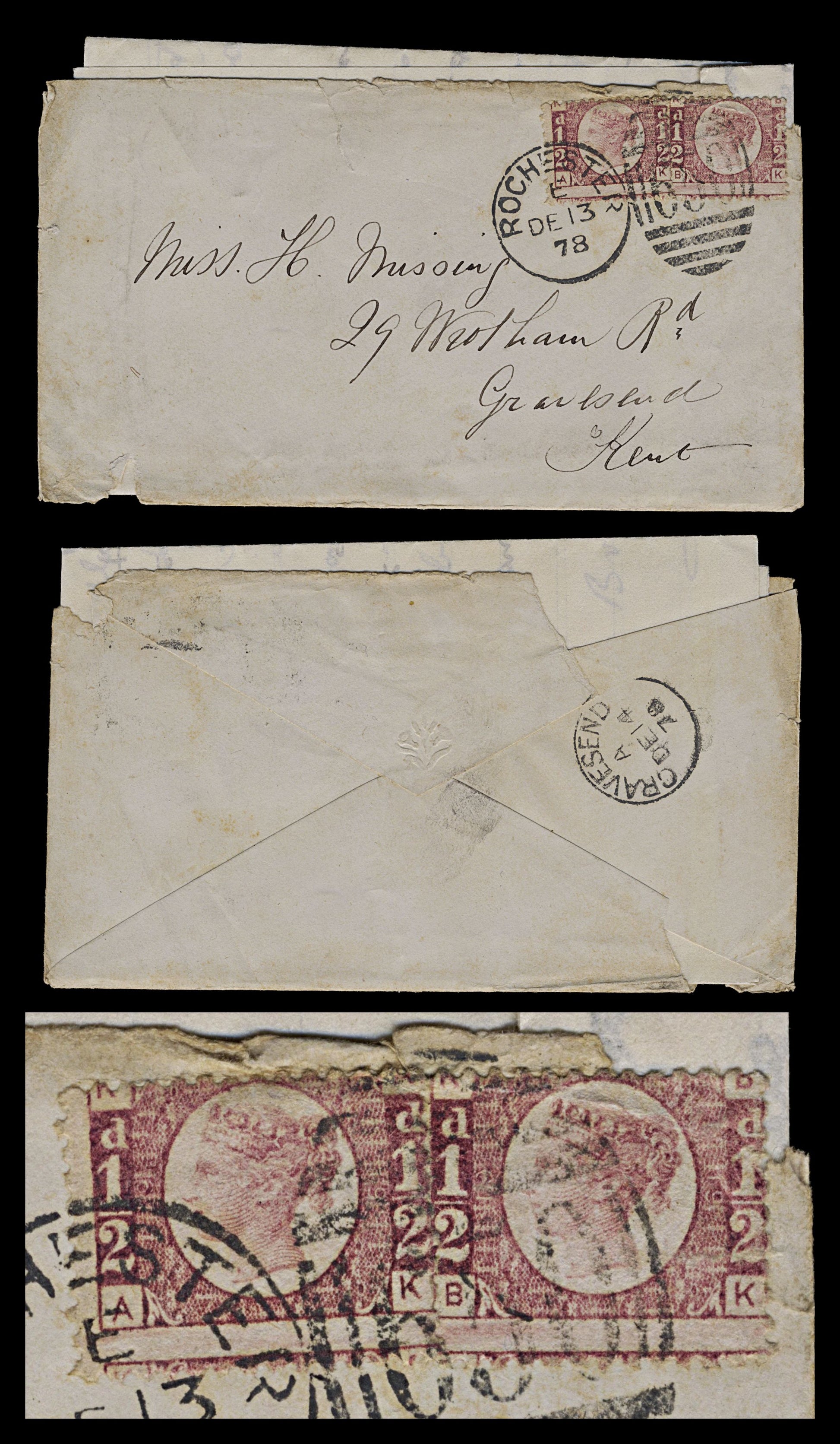 5071 GB SG48 ½d Lake-Red. Plate 19 "AK BK" Pair on Cover. CV £300+