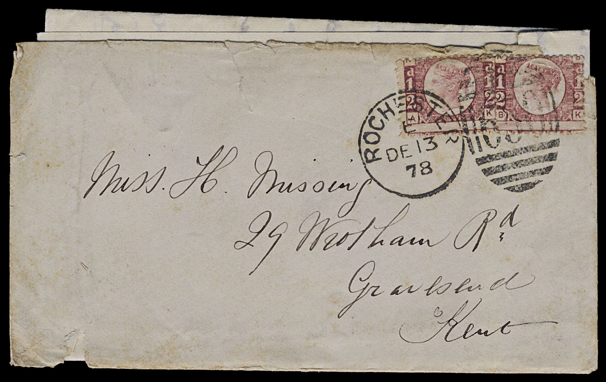 5071 GB SG48 ½d Lake-Red. Plate 19 "AK BK" Pair on Cover. CV £300+