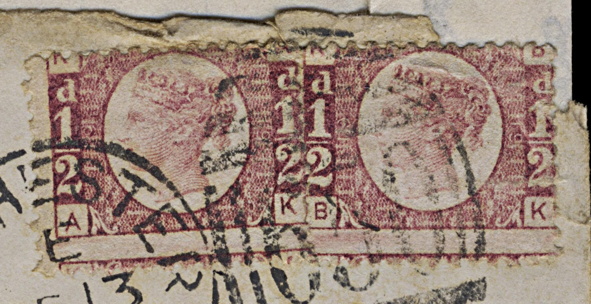 5071 GB SG48 ½d Lake-Red. Plate 19 "AK BK" Pair on Cover. CV £300+