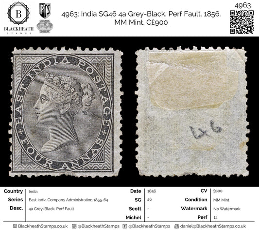 4963 India SG46 4a Grey-Black. Perf Fault. 1856. MM Mint. C£900