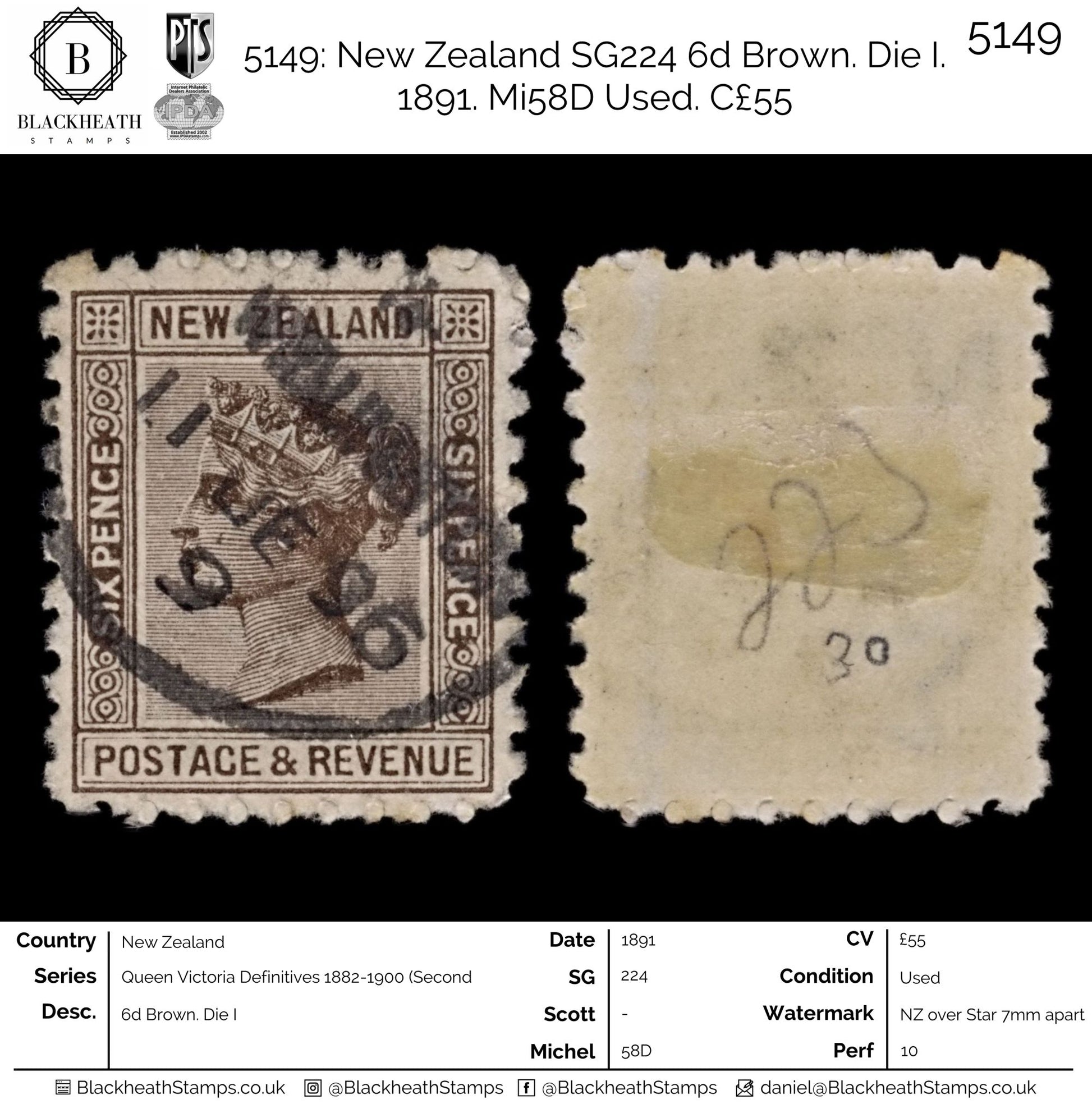 5149 New Zealand SG224 6d Brown. Die I. 1891. Mi58D Used. C£55