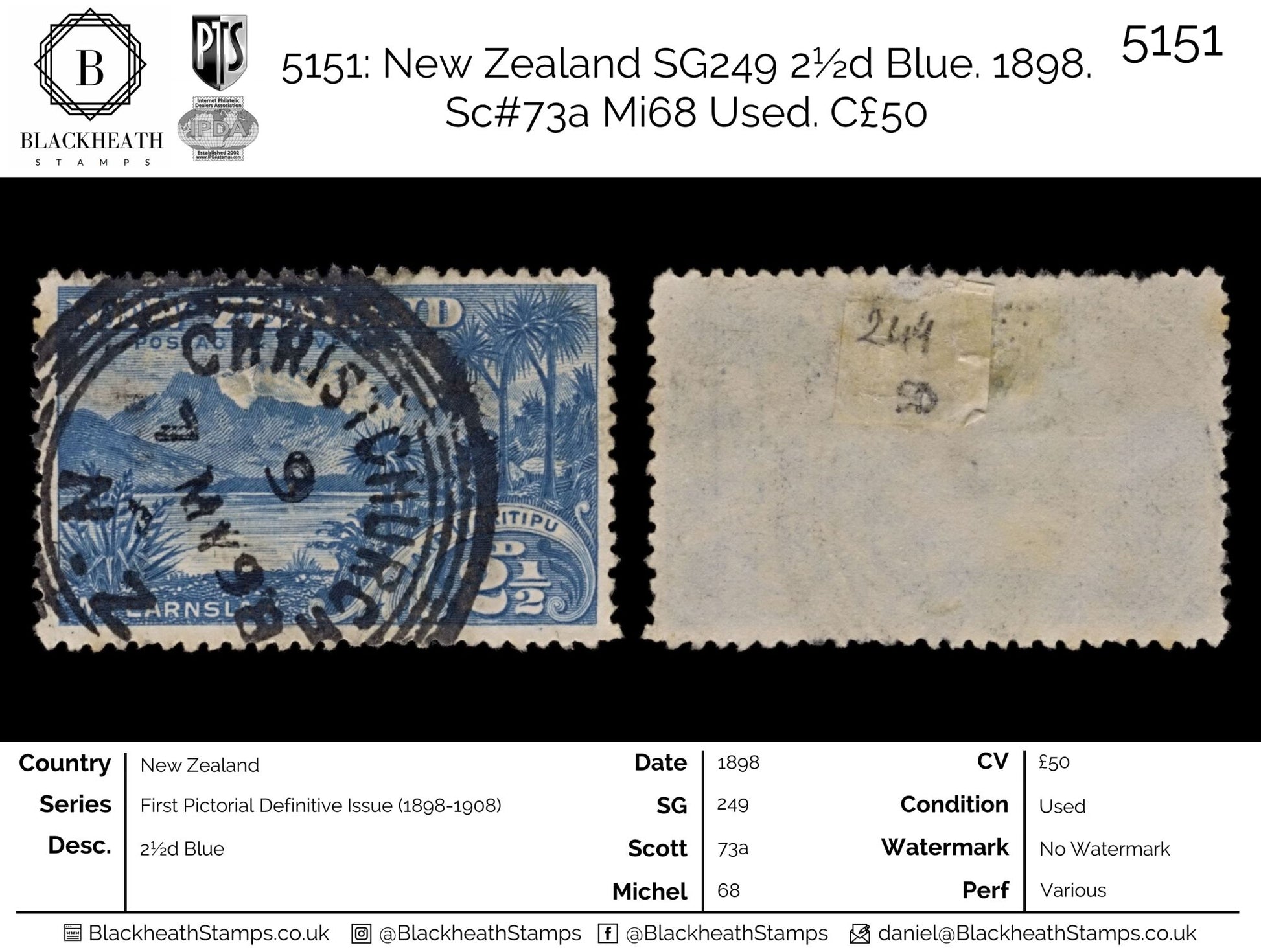 5151 New Zealand SG249 2½d Blue. 1898. Sc#73a Mi68 Used. C£50