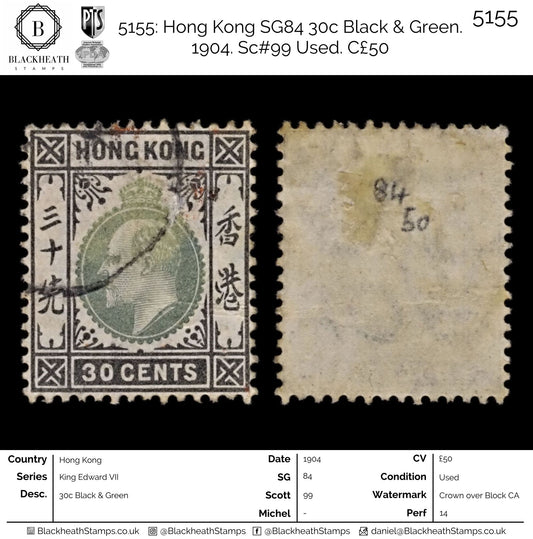 5155 Hong Kong SG84 30c Black & Green. 1904. Sc#99 Used. C£50