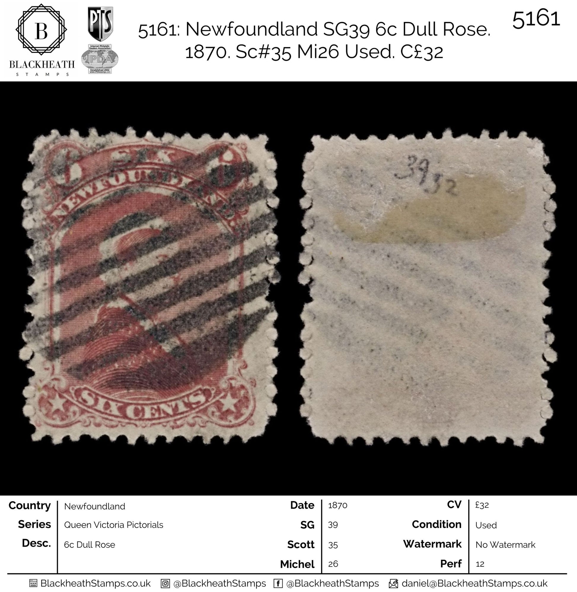 5161 Newfoundland SG39 6c Dull Rose. 1870. Sc#35 Mi26 Used. C£32