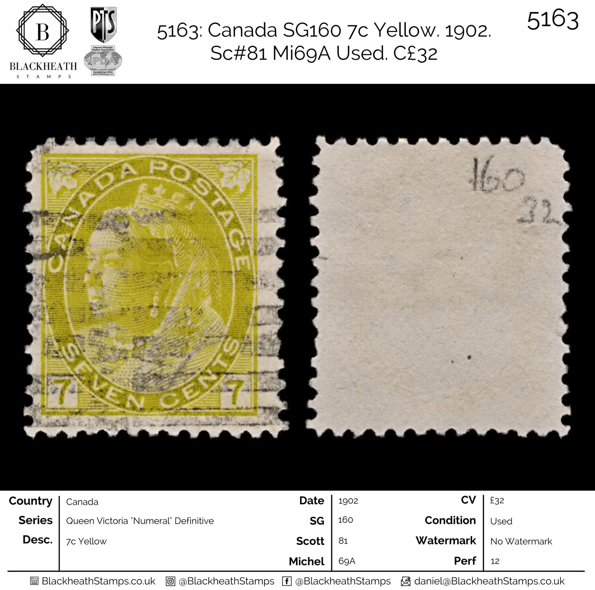 5163 Canada SG160 7c Yellow. 1902. Sc#81 Mi69A Used. C£32