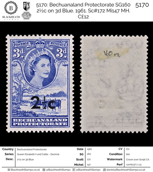 5170 Bechuanaland Protectorate SG160 2½c on 3d Blue. 1961. Sc#172 Mi147 MH. C£12