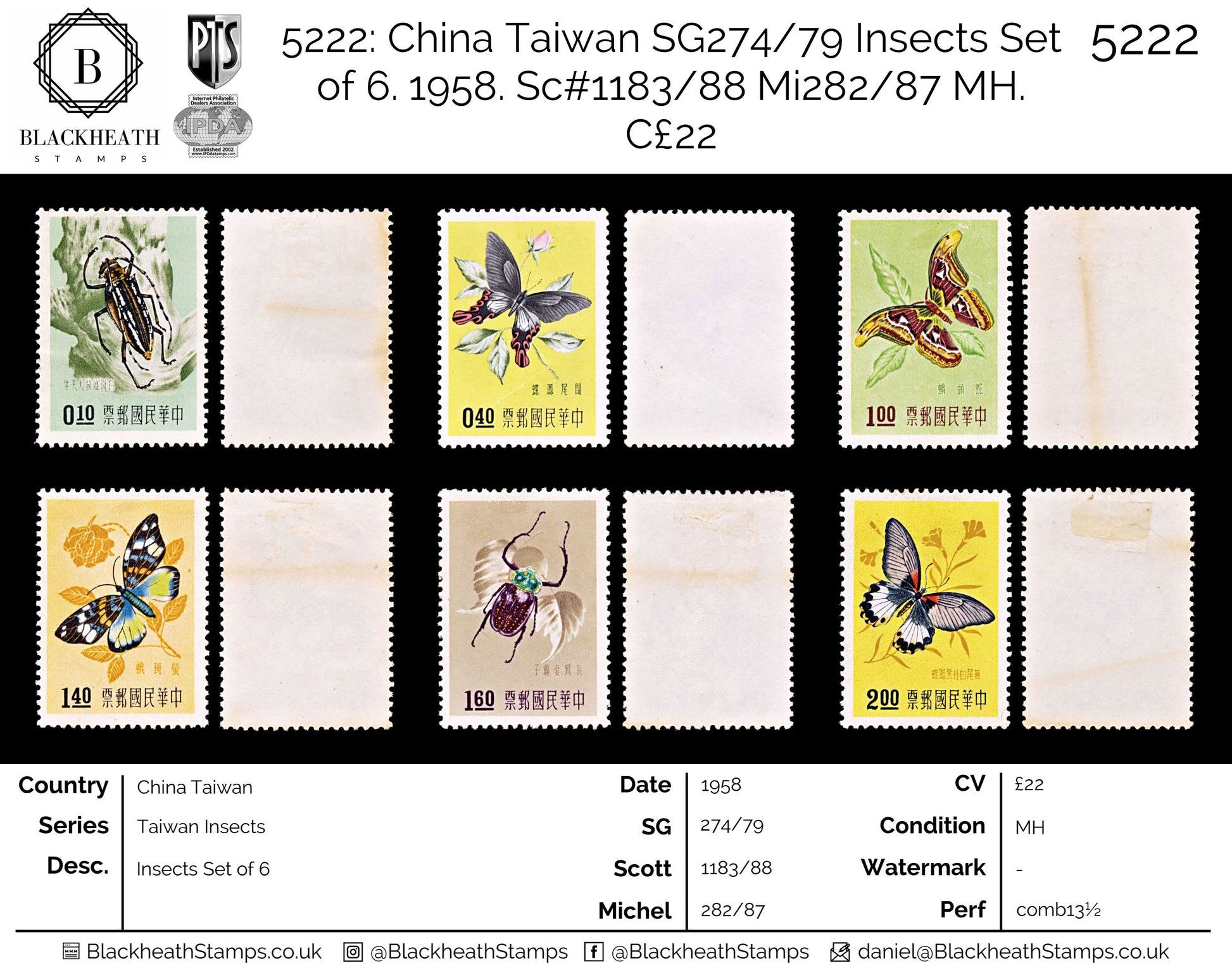 5222 China Taiwan SG274/79 Insects Set of 6. 1958. Sc#1183/88 Mi282/87 MH. C£22