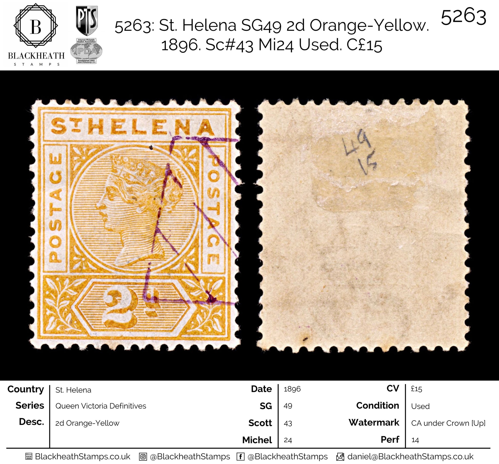 5263 St. Helena SG49 2d Orange-Yellow. 1896. Sc#43 Mi24 Used. C£15