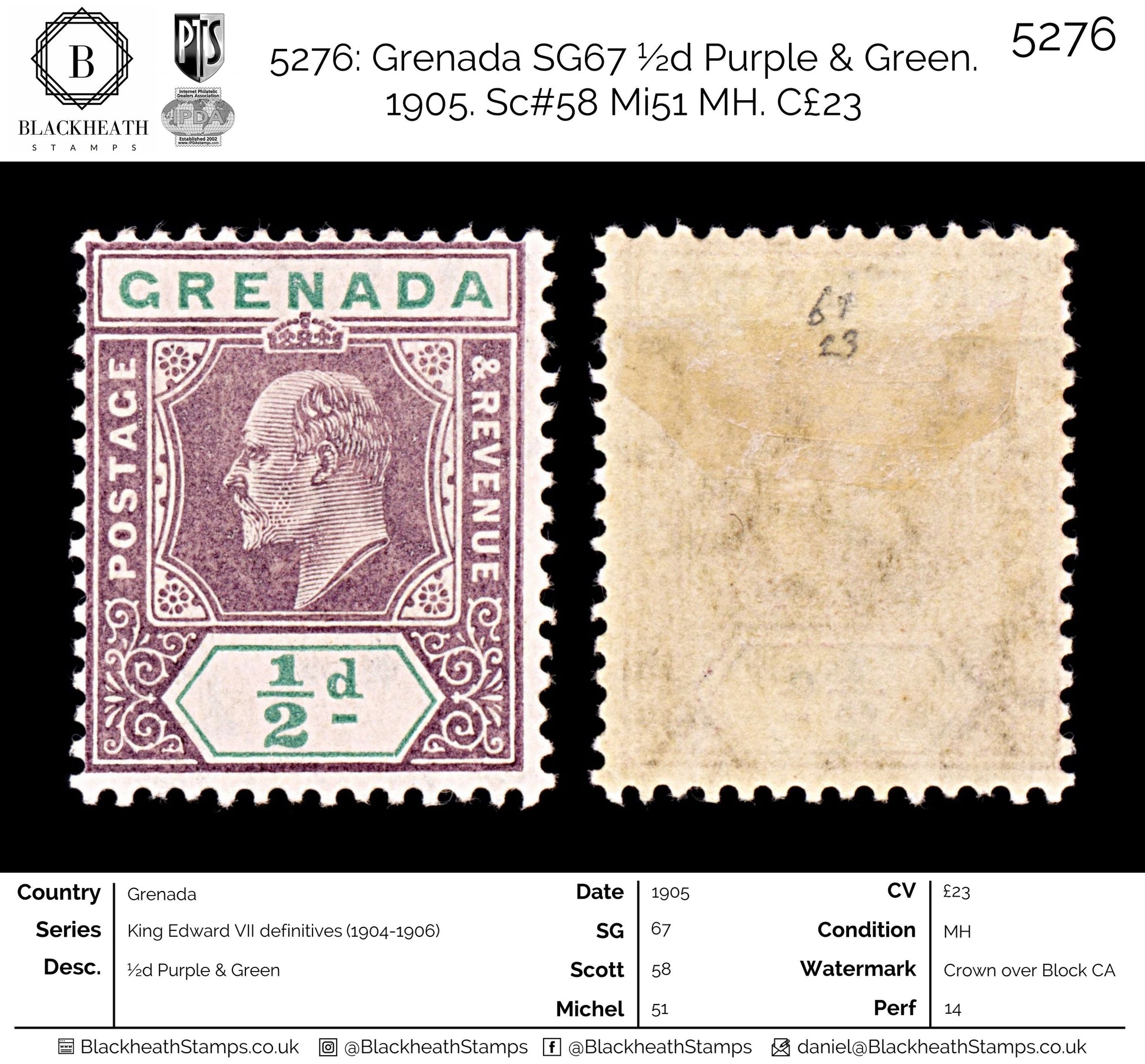 5276 Grenada SG67 ½d Purple & Green. 1905. Sc#58 Mi51 MH. C£23