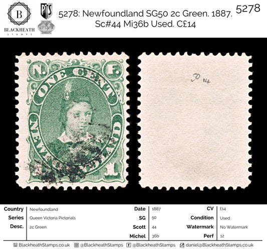 5278 Newfoundland SG50 2c Green. 1887. Sc#44 Mi36b Used. C£14