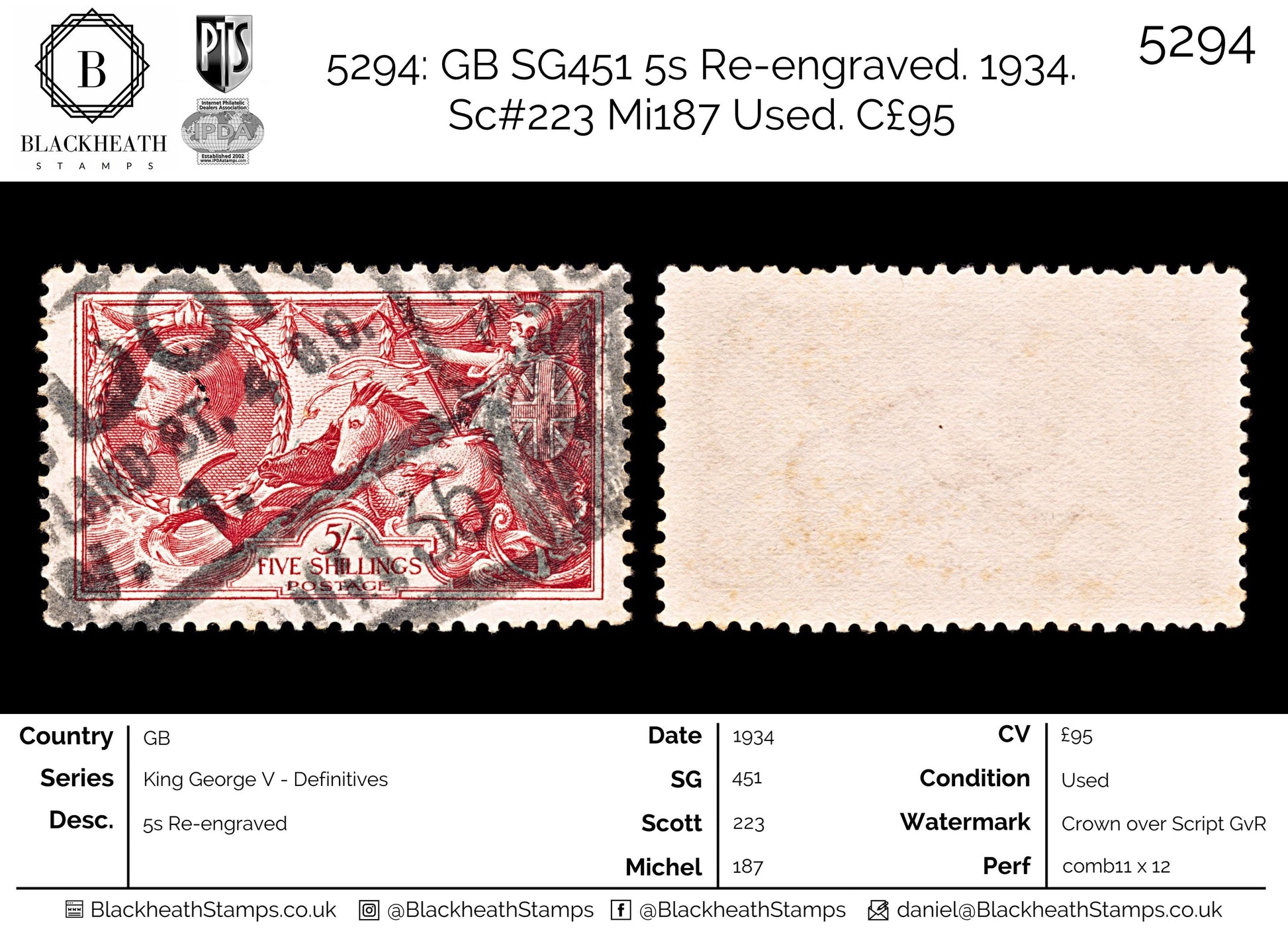 5294 GB SG451 5s Re-engraved. 1934. Sc#223 Mi187 Used. C£95