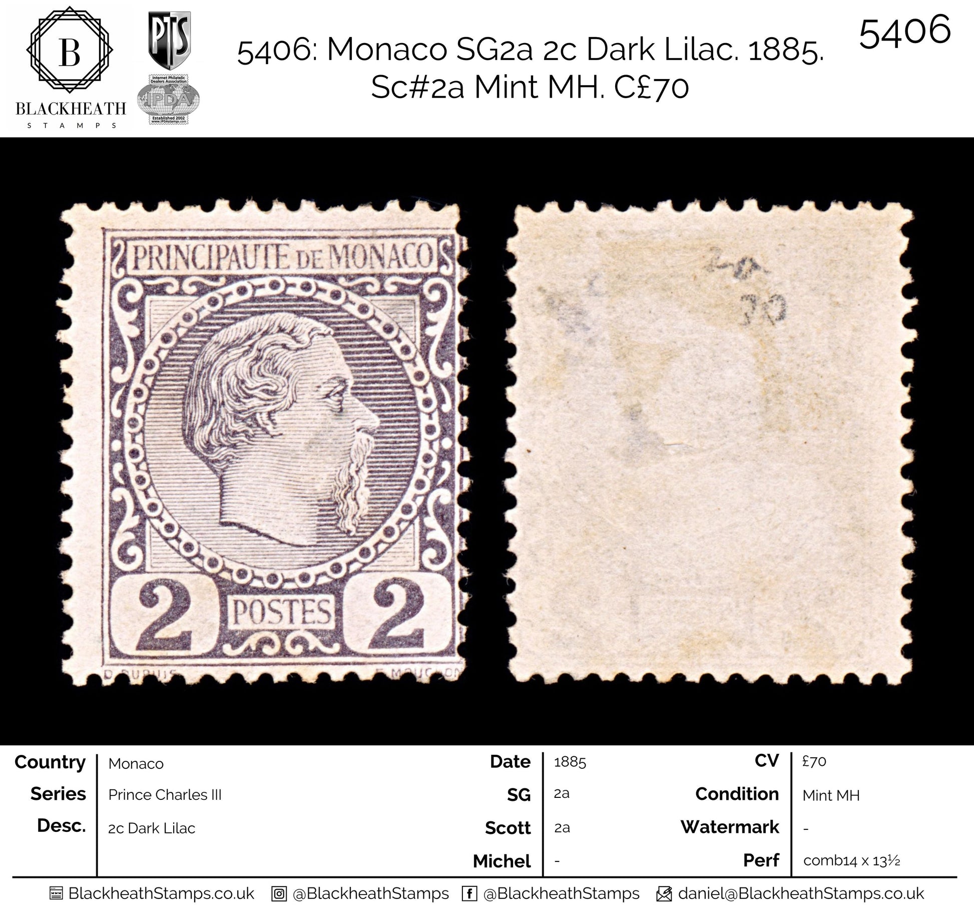 5406 Monaco SG2a 2c Dark Lilac. 1885. Sc#2a Mint MH. C£70