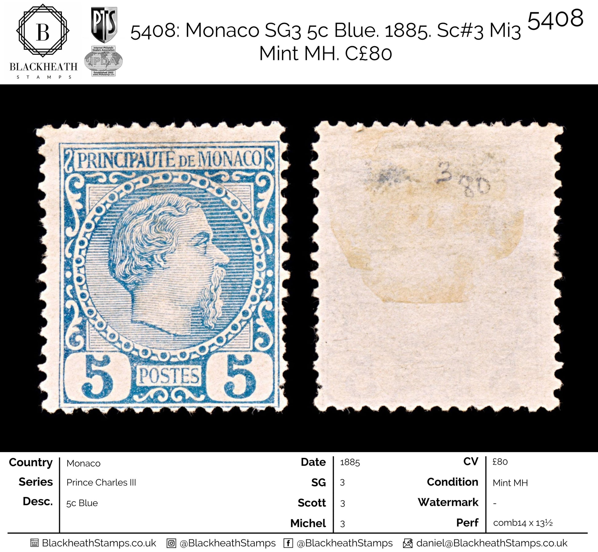 5408 Monaco SG3 5c Blue. 1885. Sc#3 Mi3 Mint MH. C£80