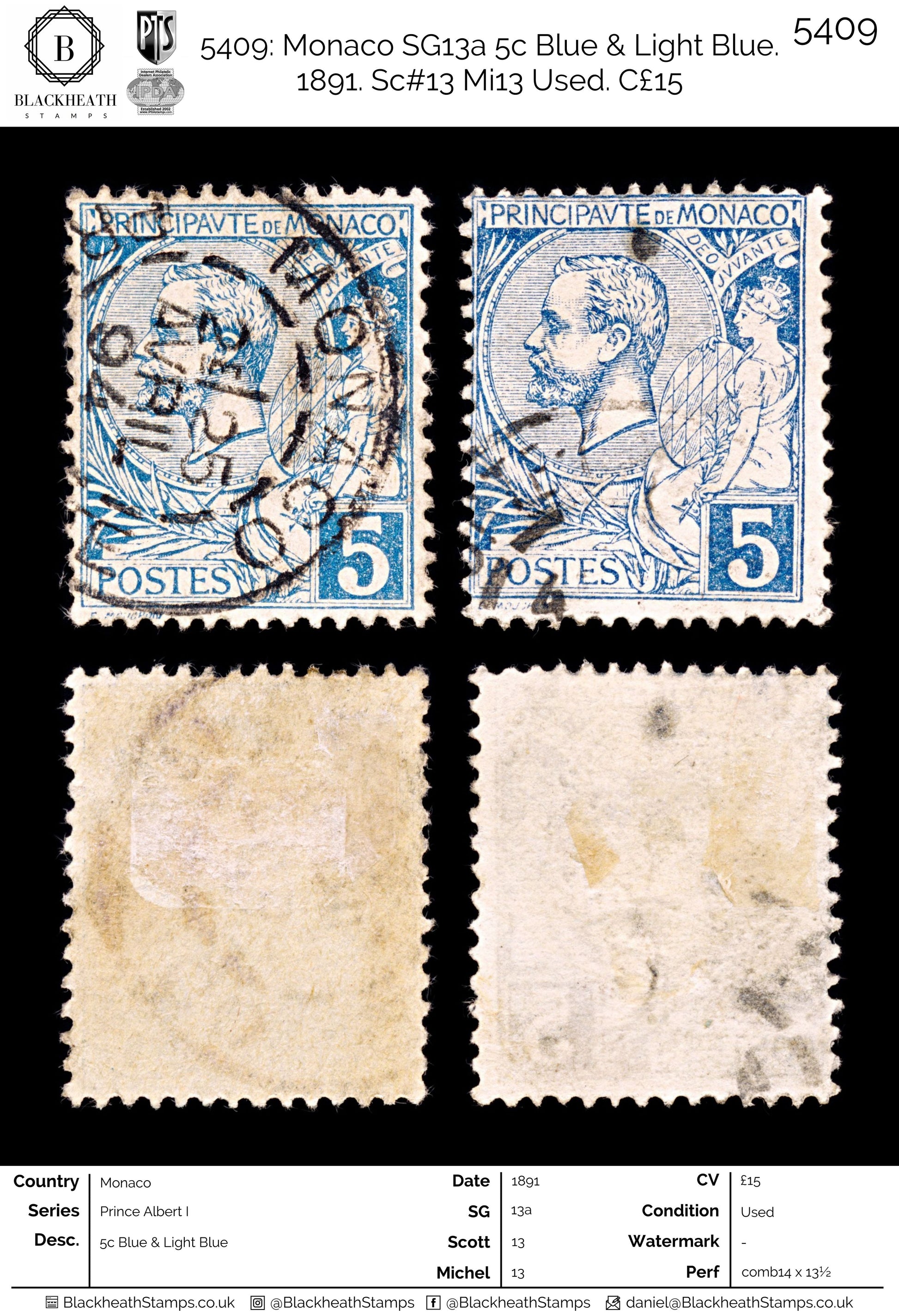 5409 Monaco SG13a 5c Blue & Light Blue. 1891. Sc#13 Mi13 Used. C£15