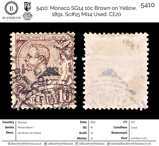 5410 Monaco SG14 10c Brown on Yellow. 1891. Sc#15 Mi14 Used. C£20