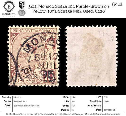 5411 Monaco SG14a 10c Purple-Brown on Yellow. 1891. Sc#15a Mi14 Used. C£26