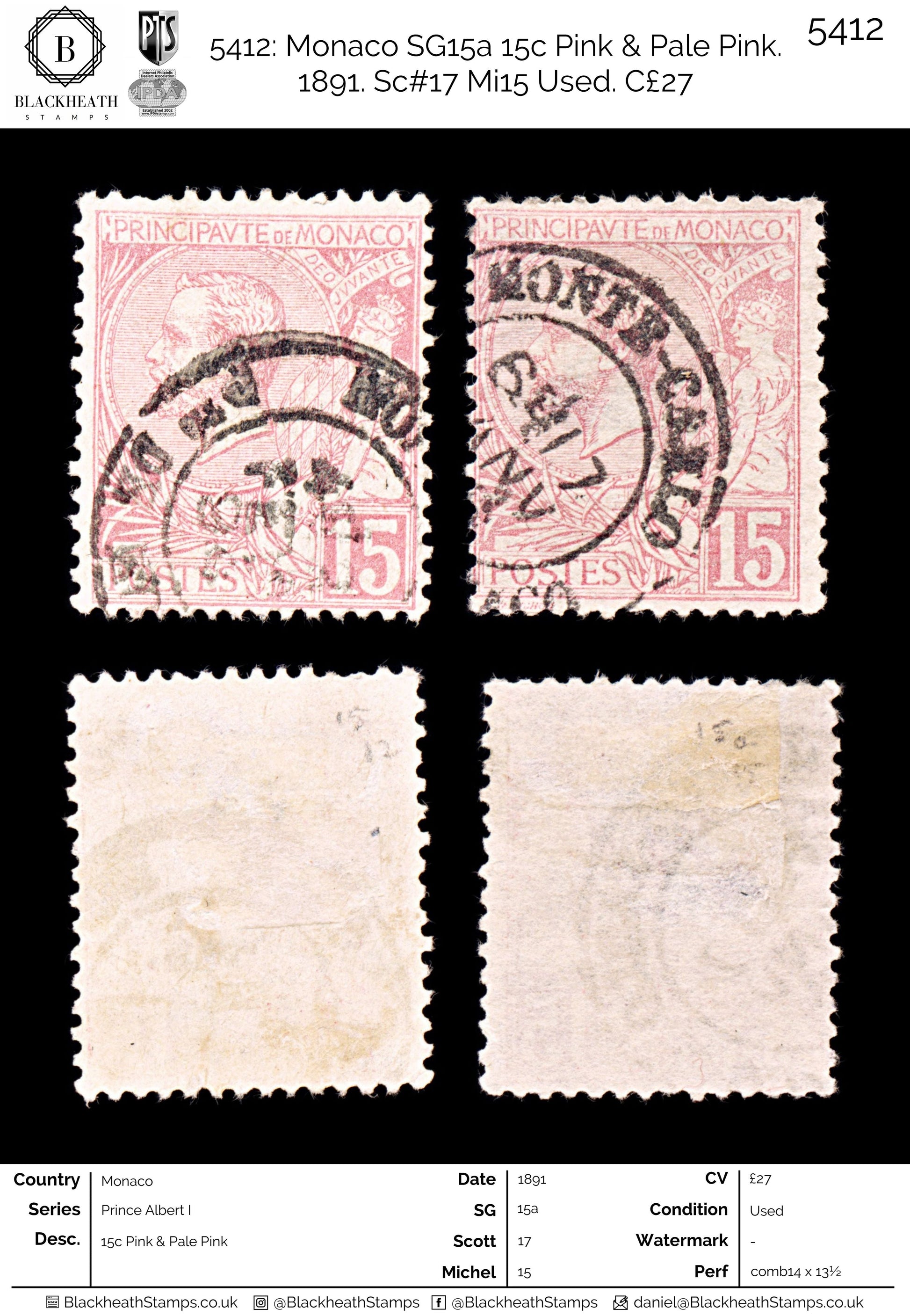 5412 Monaco SG15a 15c Pink & Pale Pink. 1891. Sc#17 Mi15 Used. C£27