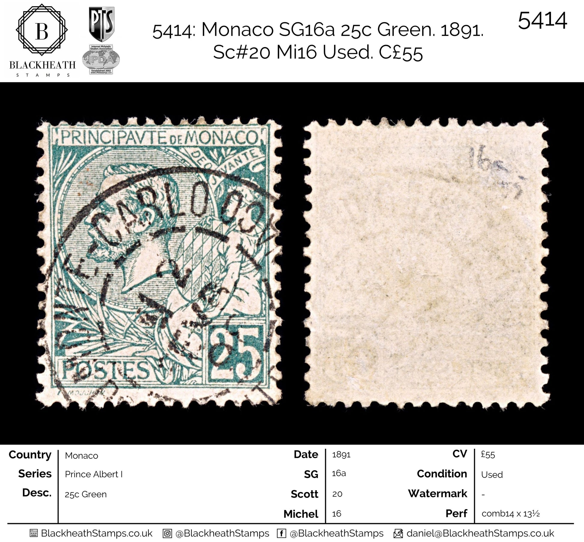 5414 Monaco SG16a 25c Green. 1891. Sc#20 Mi16 Used. C£55