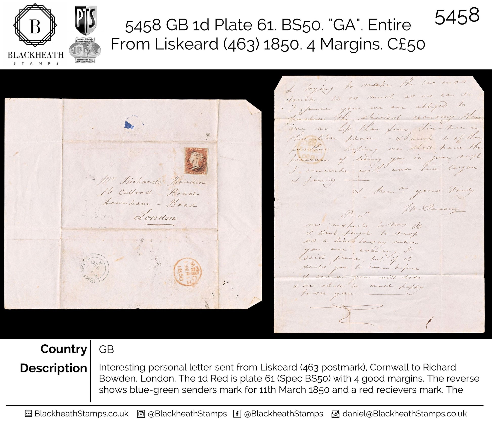 5458 GB 1d Plate 61. BS50. "GA". Entire From Liskeard (463) 1850. 4 Margins. C£50