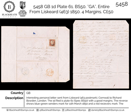 5458 GB 1d Plate 61. BS50. "GA". Entire From Liskeard (463) 1850. 4 Margins. C£50