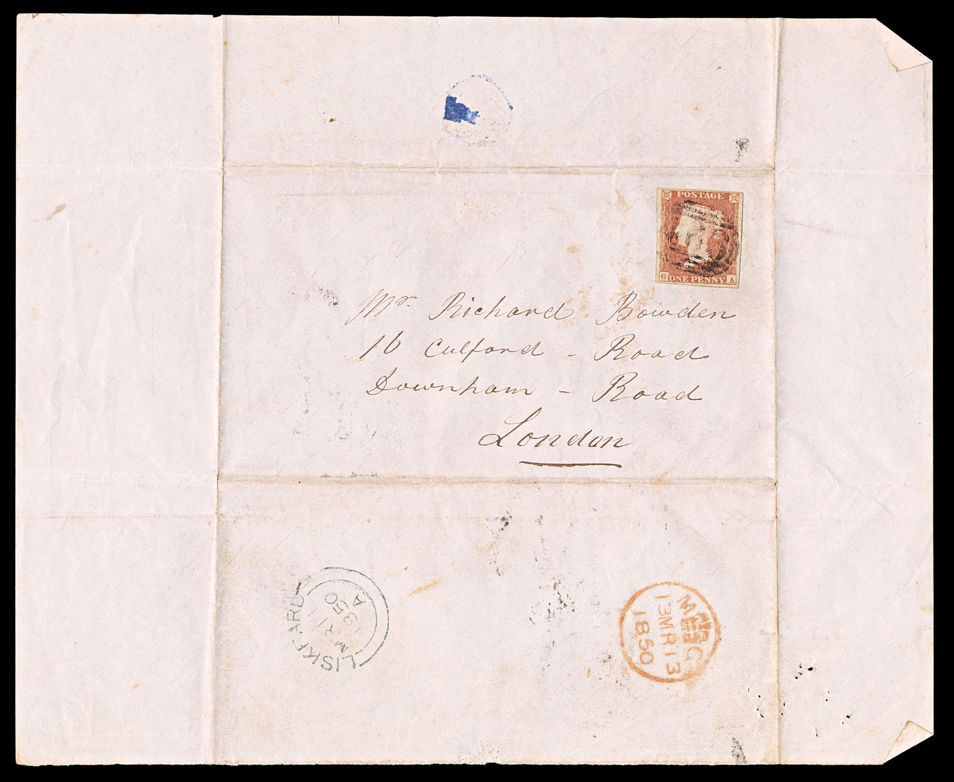 5458 GB 1d Plate 61. BS50. "GA". Entire From Liskeard (463) 1850. 4 Margins. C£50