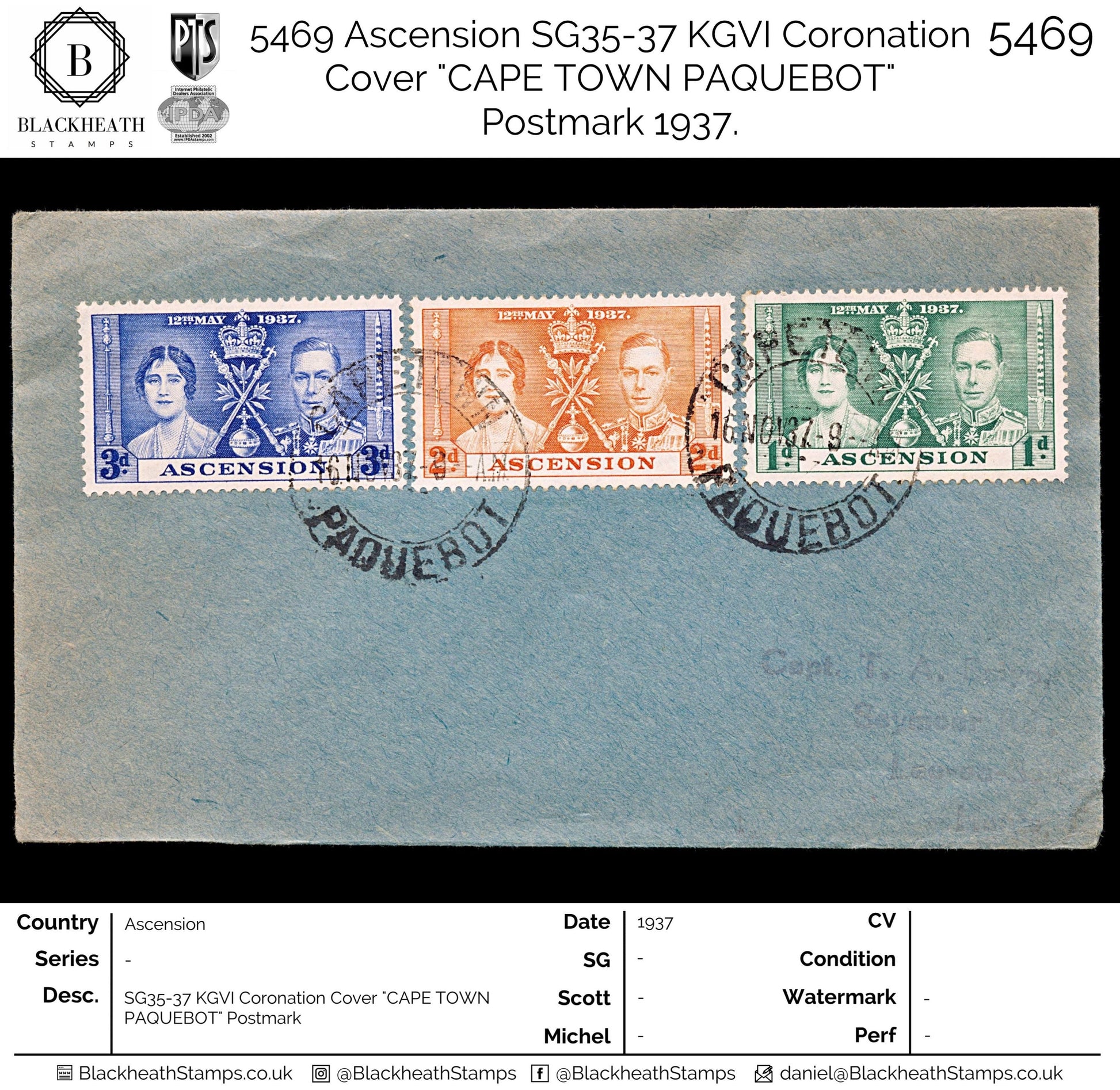 5469 Ascension SG35-37 KGVI Coronation Cover "CAPE TOWN PAQUEBOT" Postmark 1937.