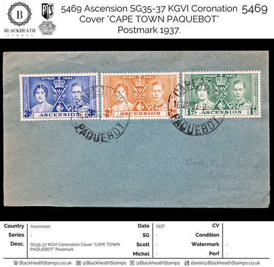 5469 Ascension SG35-37 KGVI Coronation Cover "CAPE TOWN PAQUEBOT" Postmark 1937.