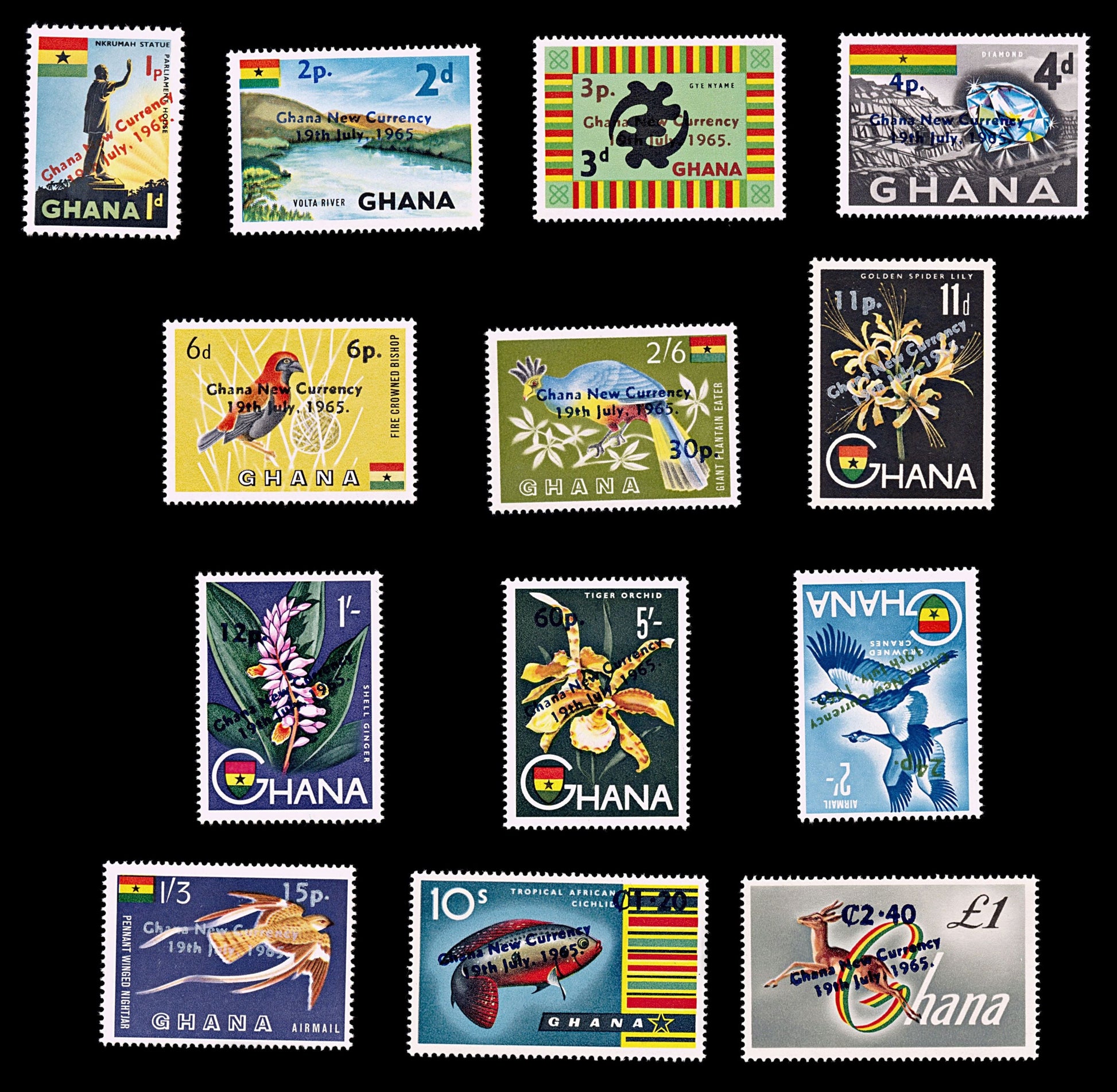 5475 Ghana SG381-93 "New Currency" Set of 13 1965. Sc#216-C8 Mi224-36 . C£46