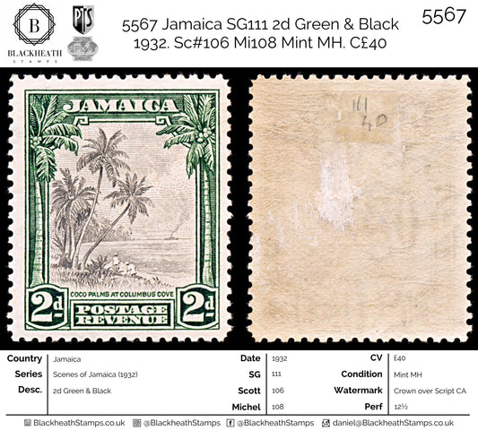 5567 Jamaica SG111 2d Green & Black 1932. Sc#106 Mi108 Mint MH. C£40