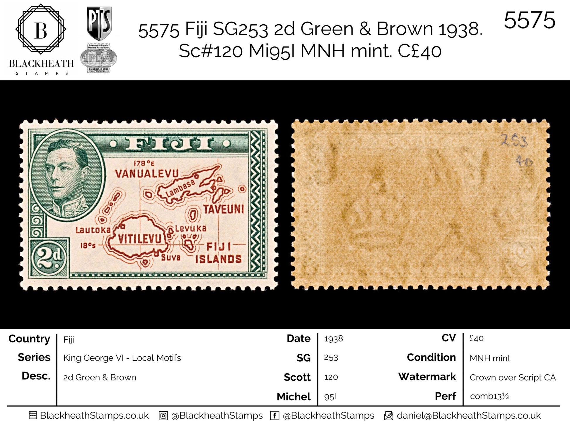 5575 Fiji SG253 2d Green & Brown 1938. Sc#120 Mi95I MNH mint. C£40