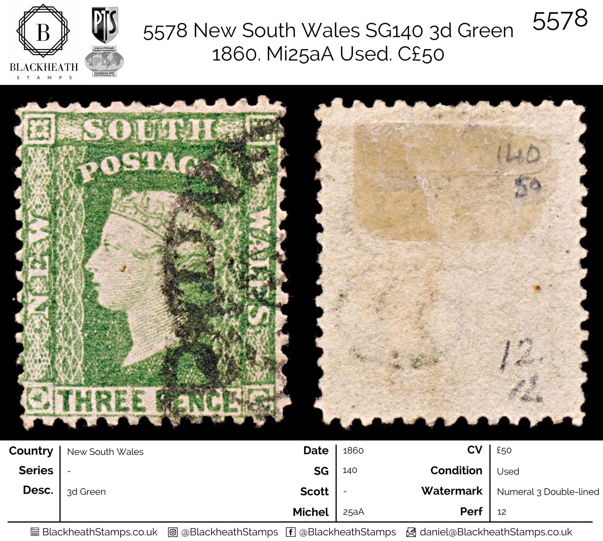 5578 New South Wales SG140 3d Green 1860. Mi25aA Used. C£50