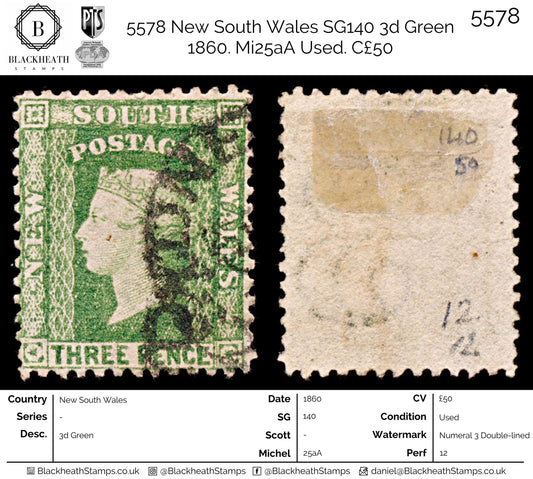 5578 New South Wales SG140 3d Green 1860. Mi25aA Used. C£50