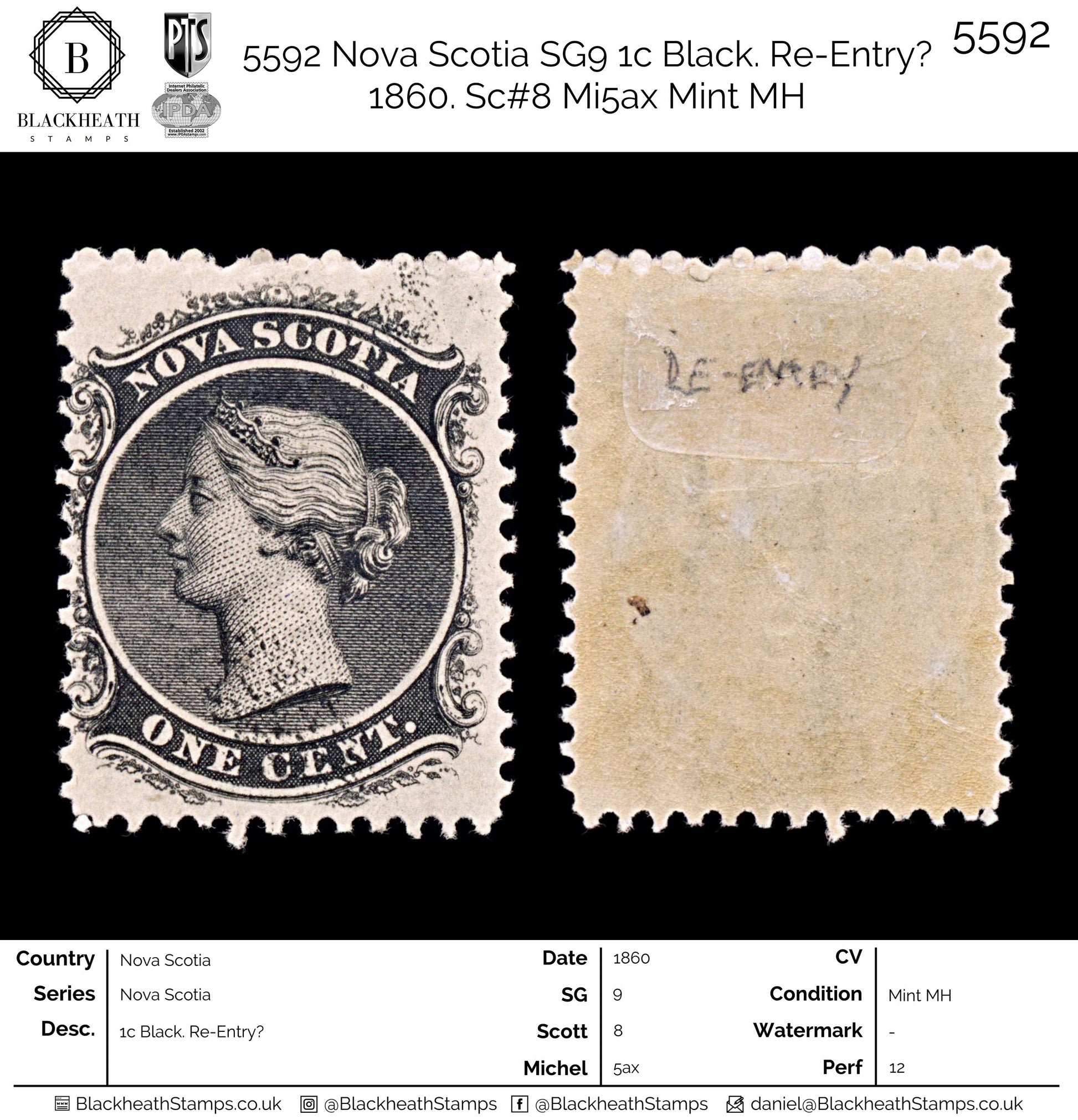 5592 Nova Scotia SG9 1c Black. Re-Entry? 1860. Sc#8 Mi5ax Mint MH