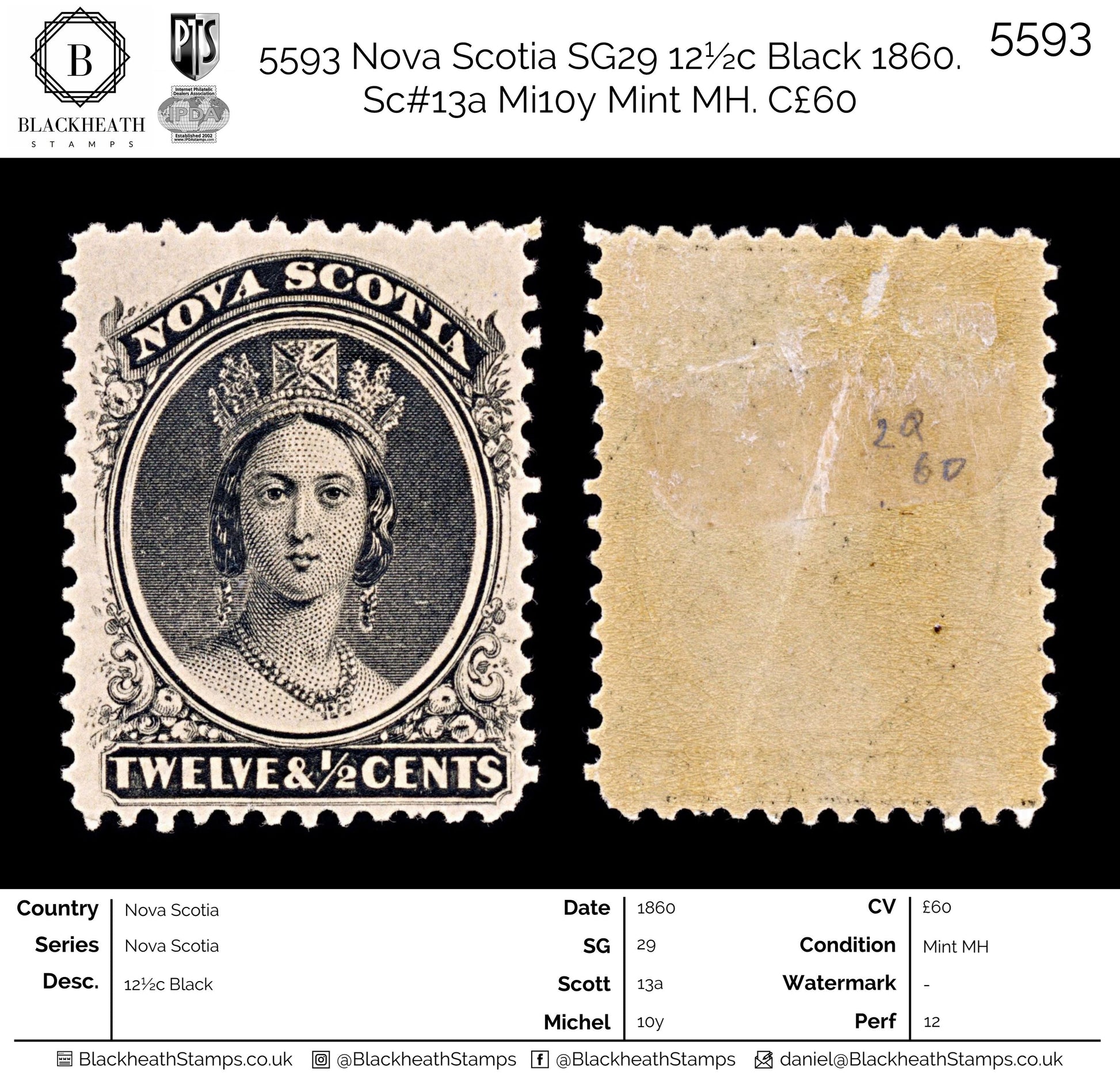 5593 Nova Scotia SG29 12½c Black 1860. Sc#13a Mi10y Mint MH. C£60