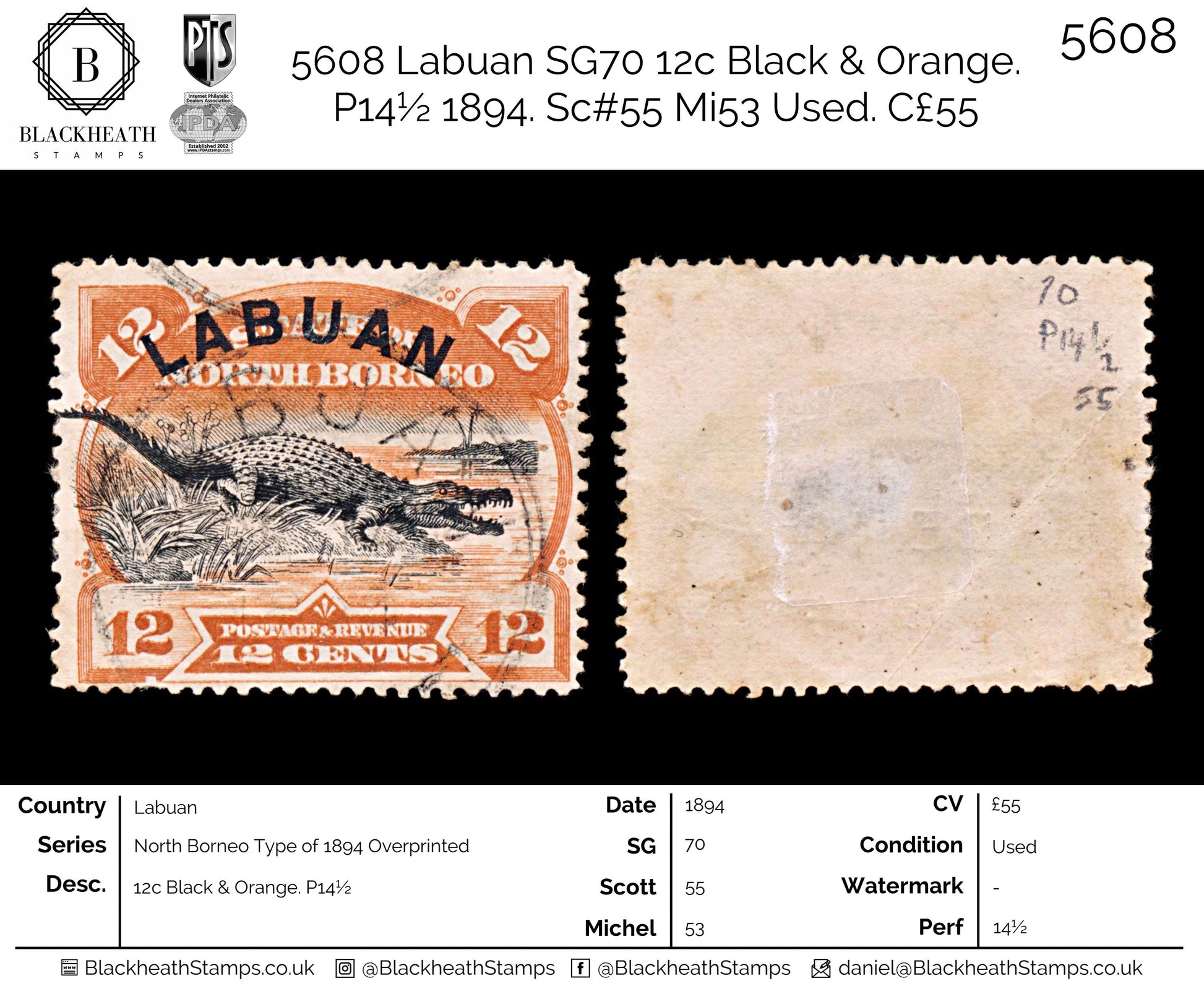 5608 Labuan SG70 12c Black & Orange. P14½ 1894. Sc#55 Mi53 Used. C£55