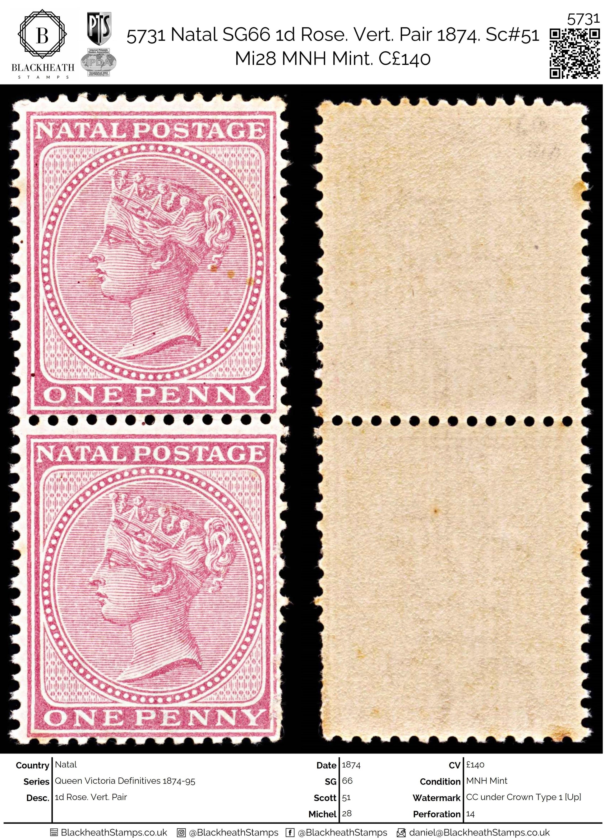 5731 Natal SG66 1d Rose. Vert. Pair 1874. Sc#51 Mi28 MNH Mint. C£140