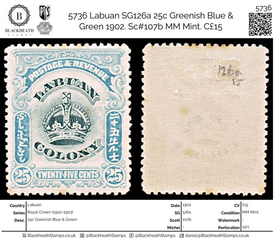 5736 Labuan SG126a 25c Greenish Blue & Green 1902. Sc#107b MM Mint. C£15