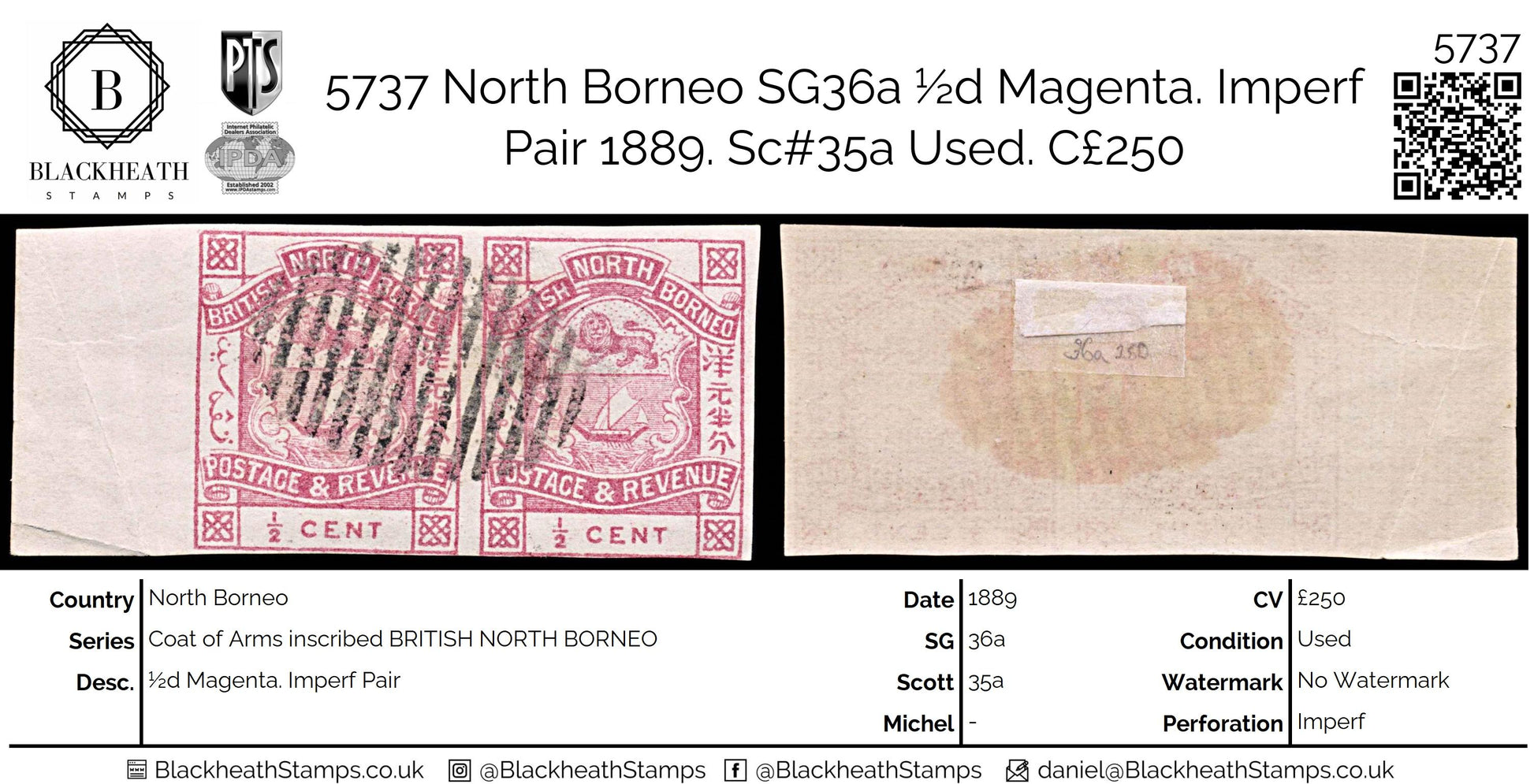 5737 North Borneo SG36a ½d Magenta. Imperf Pair 1889. Sc#35a Used. C£250