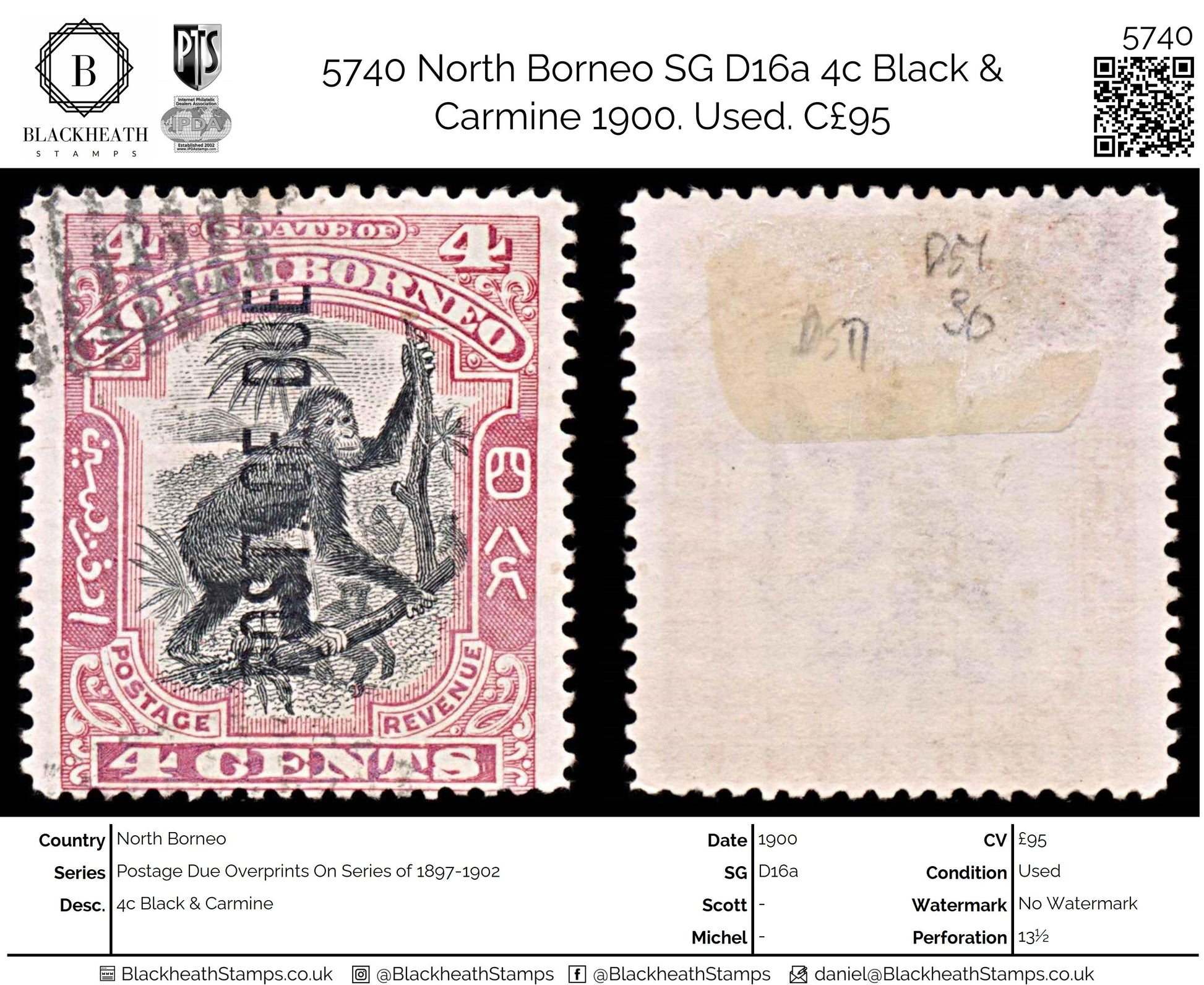 5740 North Borneo SG D16a 4c Black & Carmine 1900. Used. C£95