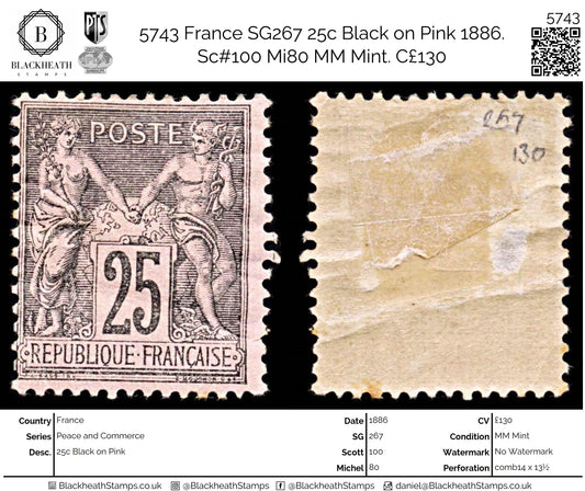 5743 France SG267 25c Black on Pink 1886. Sc#100 Mi80 MM Mint. C£130