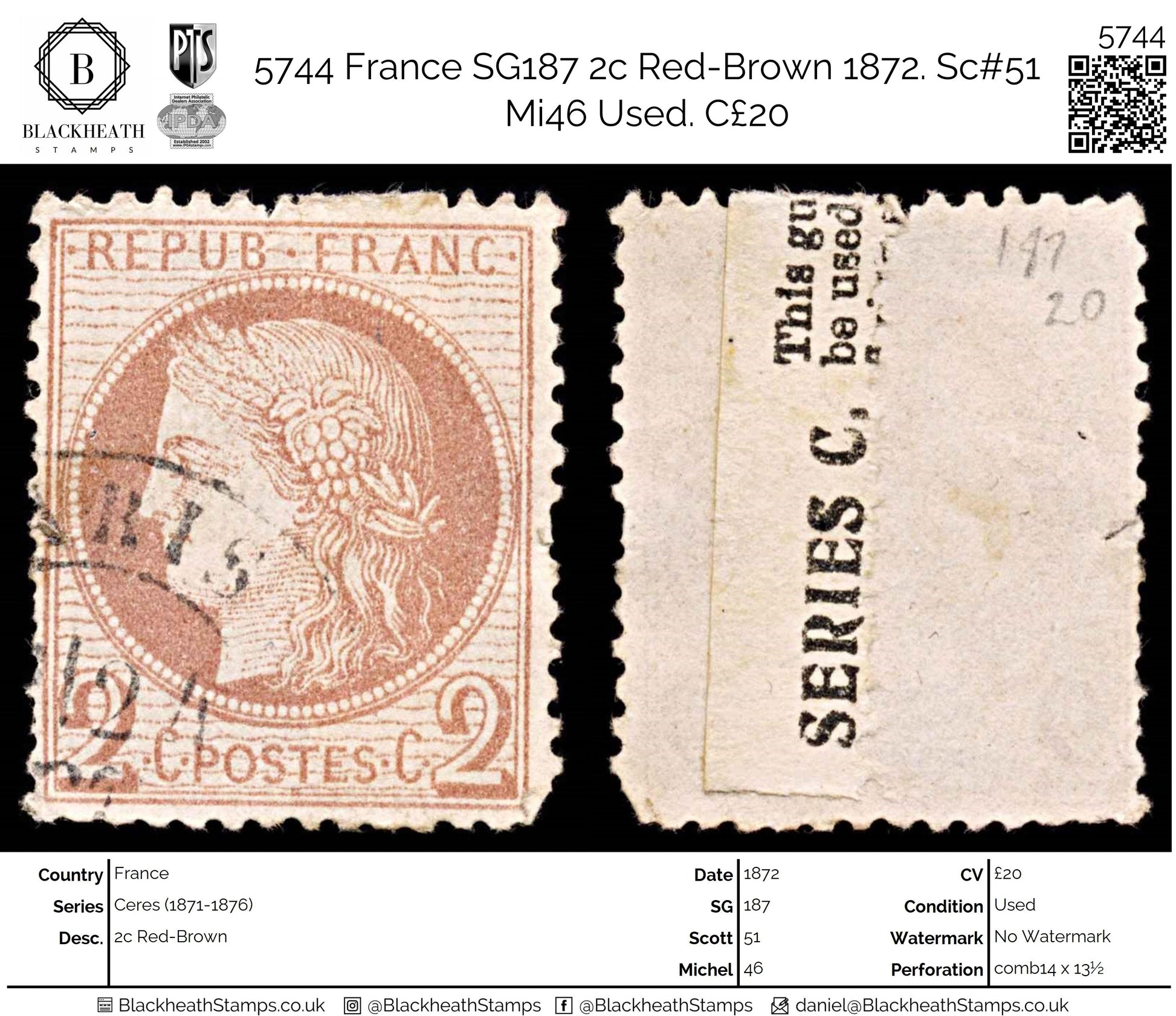 5744 France SG187 2c Red-Brown 1872. Sc#51 Mi46 Used. C£20