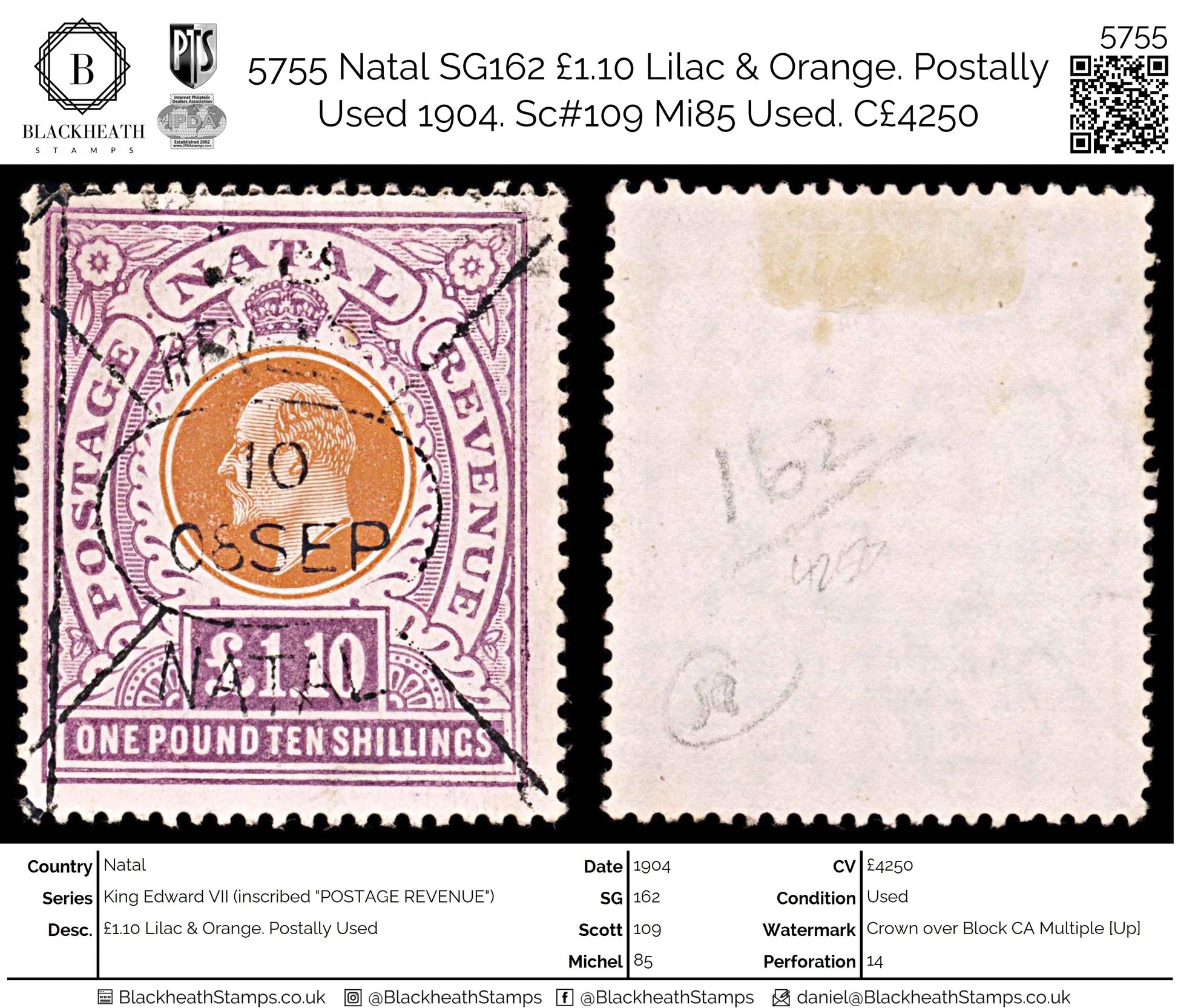 5755 Natal SG162 £1.10 Lilac & Orange. Postally Used 1904. Sc#109 Mi85 Used. C£4250