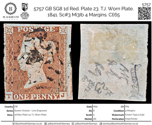 5757 GB SG8 1d Red. Plate 23. TJ. Worn Plate.  1841. Sc#3 Mi3Ib 4 Margins. C£65