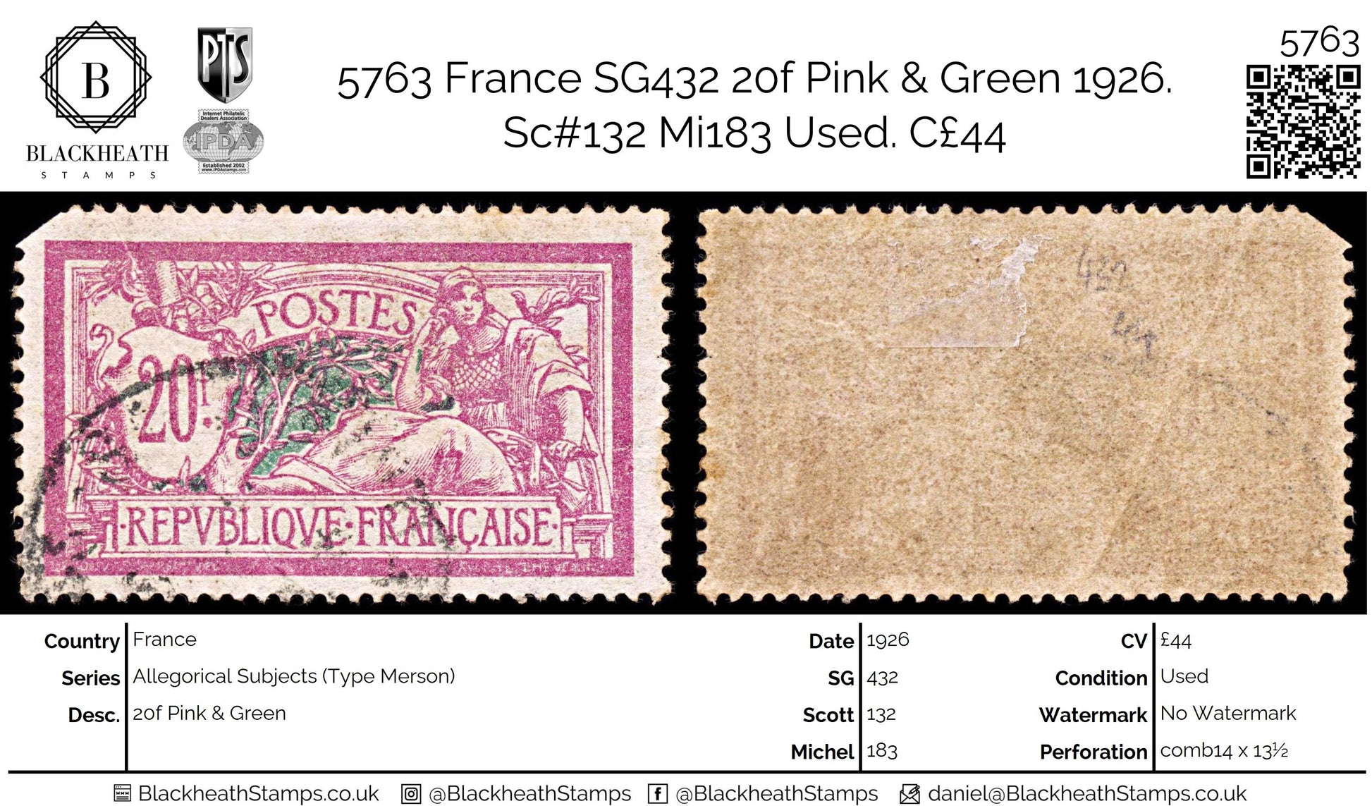 5763 France SG432 20f Pink & Green 1926. Sc#132 Mi183 Used. C£44