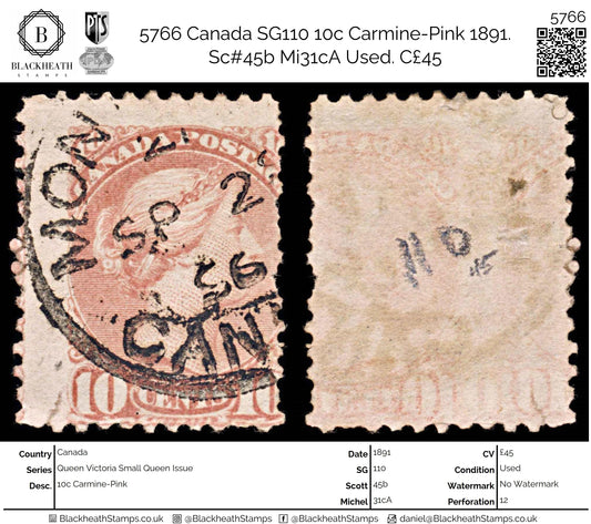 5766 Canada SG110 10c Carmine-Pink 1891. Sc#45b Mi31cA Used. C£45