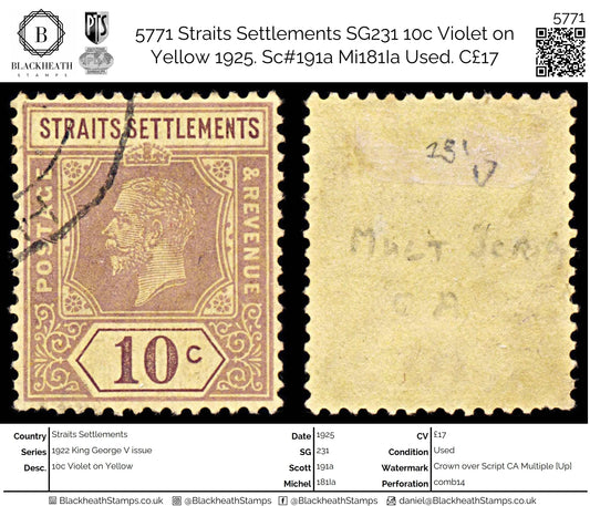 5771 Straits Settlements SG231 10c Violet on Yellow 1925. Sc#191a Mi181Ia Used. C£17