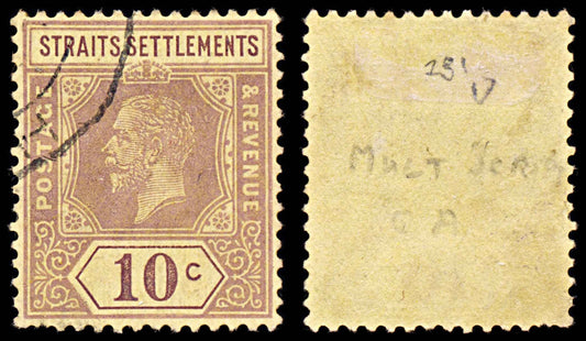 5771 Straits Settlements SG231 10c Violet on Yellow 1925. Sc#191a Mi181Ia Used. C£17