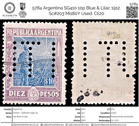 5784 Argentina SG410 10p Blue & Lilac 1912. Sc#203 Mi180Y Used. C£20