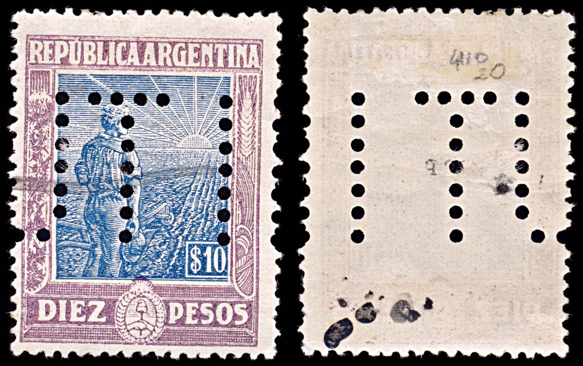 5784 Argentina SG410 10p Blue & Lilac 1912. Sc#203 Mi180Y Used. C£20