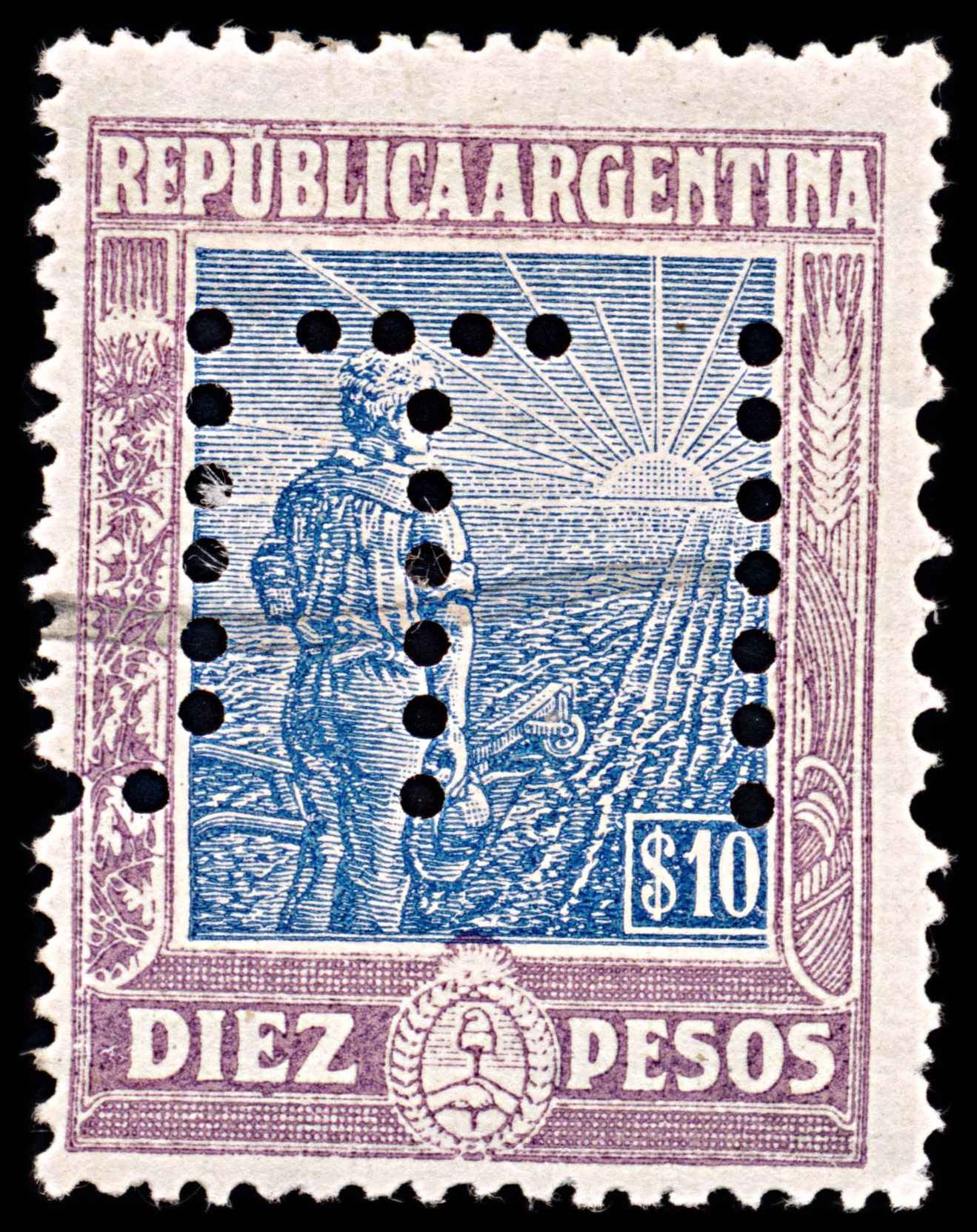 5784 Argentina SG410 10p Blue & Lilac 1912. Sc#203 Mi180Y Used. C£20